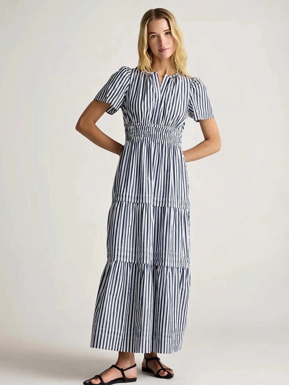 Quince 100% Organic Cotton Poplin Tiered Maxi Blue White Striped Dress Size L